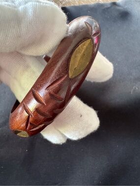 Women Carved Wooden Bangle Bracelet with Gold inserts